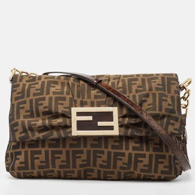 Pre-owned Fendi Tobacco Zucca Canvas And Patent Leather Mia Flap Bag In Brown