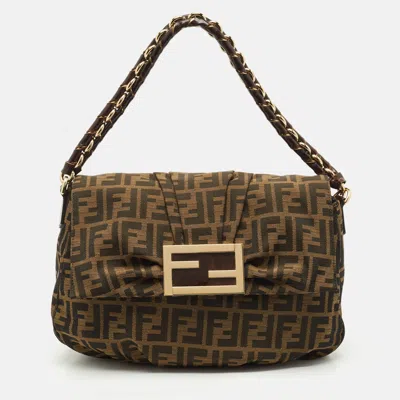 Pre-owned Fendi Tobacco Zucca Canvas And Patent Leather Mia Flap Shoulder Bag In Brown