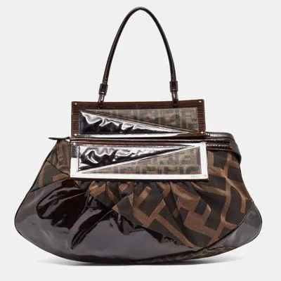 Pre-owned Fendi Tobacco Zucca Canvas And Patent Leather To You Convertible Clutch Bag In Brown