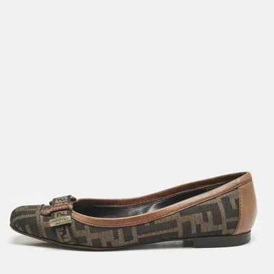 Pre-owned Fendi Tobacco Zucca Canvas And Patent Trim Ballet Flats Size 36.5