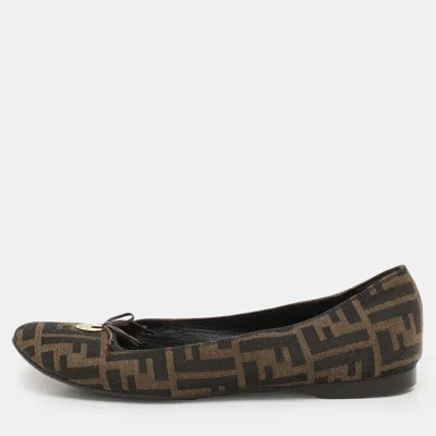 Pre-owned Fendi Tobacco Zucca Canvas Logo Bow Ballet Flats Size 41