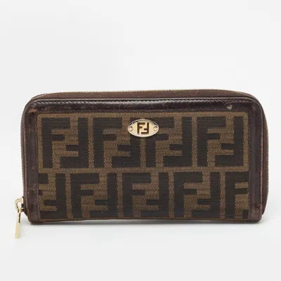 Pre-owned Fendi Tobacco Zucca Canvas Zip Around Continental Wallet In Brown