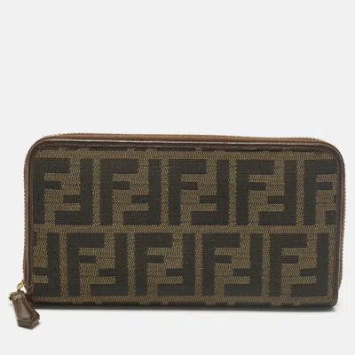 Pre-owned Fendi Tobacco Zucca Canvas Zip Around Wallet In Brown