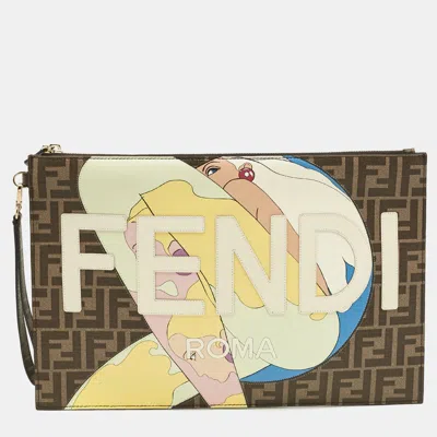 Pre-owned Fendi Tobacco Zucca Coated Canvas Inlay Girls Wristlet Flat Clutch In Brown