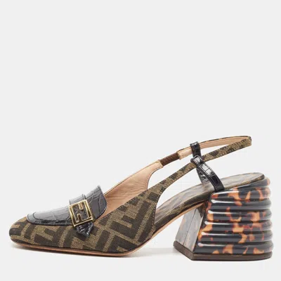 Pre-owned Fendi Tobacco/black Croc Embossed Leather And Canvas Promenade Ff Motif Slingback Sandals Size 38 In Brown