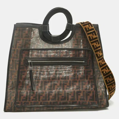 Pre-owned Fendi Tobacco/black Ff Mesh And Leather Large Runaway Shopper Tote In Brown