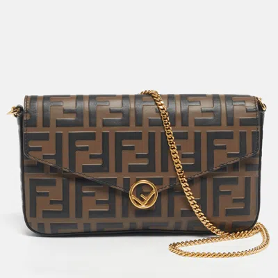 Pre-owned Fendi Tobacco/black Zucca Embossed Leather Small Ff Wallet On Chain In Brown