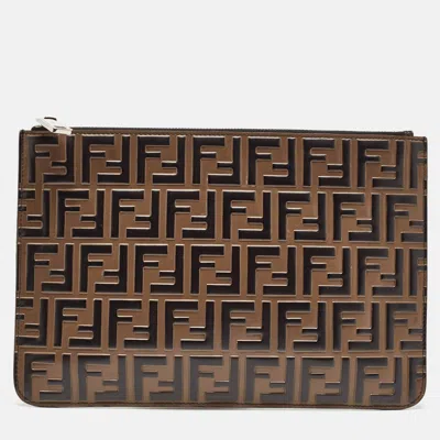 Pre-owned Fendi Tobacco/black Zucca Embossed Leather Zip Pouch In Brown