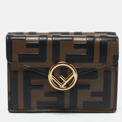 Pre-owned Fendi Tobacco/black Zucca Leather Micro F Trifold Wallet