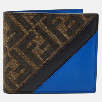 Pre-owned Fendi Tobacco/blue Zucca And Leather Bifold Wallet