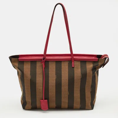 Pre-owned Fendi Tobacco/magenta Pequin Canvas Medium Roll Shopper Tote In Brown