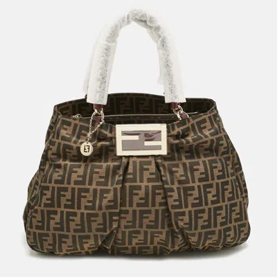 Pre-owned Fendi Tobacco/purple Zucca Canvas And Patent Leather Large Mia Shoulder Bag In Brown