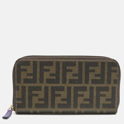Pre-owned Fendi Tobacco/purple Zucca Coated Canvas Zip Around Wallet In Brown