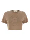 Fendi Beige Cotton Logo Crop T-shirt In Brown