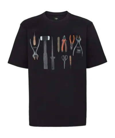 Fendi Tool-print Cotton T-shirt In Black