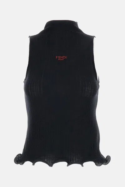 Fendi High Neck Fitted Sleeveless Top With Ruffles Clothing In Black