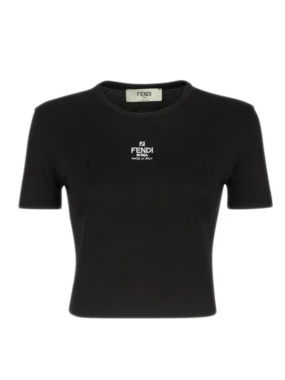 Fendi Logo Cotton Cropped T-shirt In Black