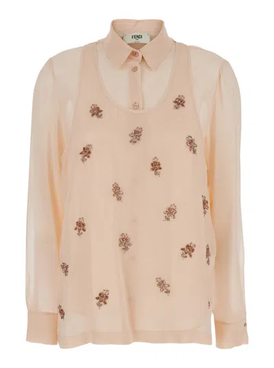 FENDI FENDI WOMEN PINK SHIRT WITH LAYERED TOP AND FLORAL BEAD DECORATIONS IN SILK WOMAN
