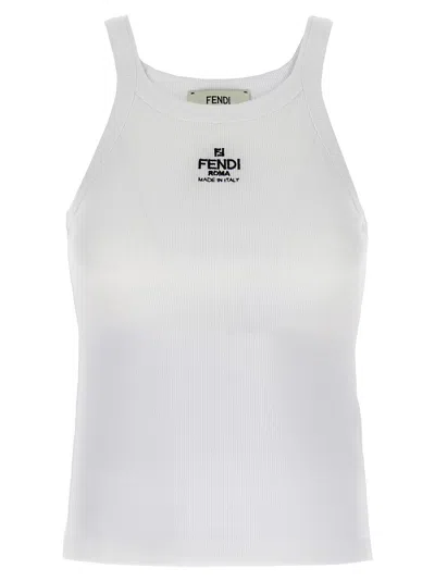 Fendi Women White Ribbed Tank Top With Contrasting Logo Embroidery