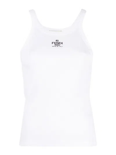 Fendi Women White Ribbed Tank Top With Contrasting Logo Embroidery In Stretch Cotton Woman