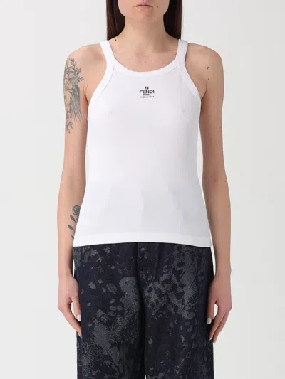 Fendi Women White Ribbed Tank Top With Contrasting Logo Embroidery In Stretch Cotton Woman