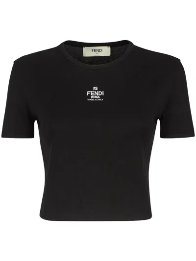 Fendi Women T-shirt A Coste Cropped Con Dettaglio Logo In Cotone Stretch Nero Donna In Black