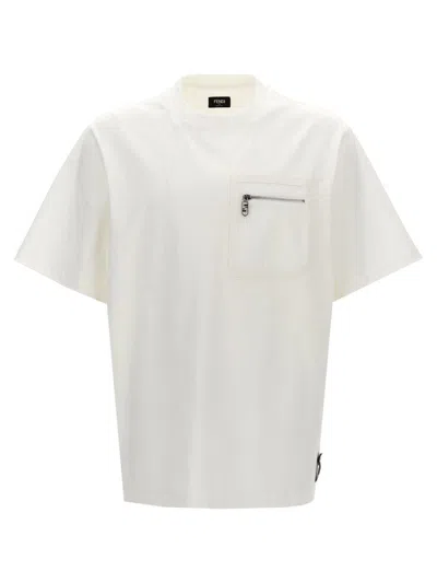 Fendi Crew Neck T-shirt With Iconic Ff Pocket In White
