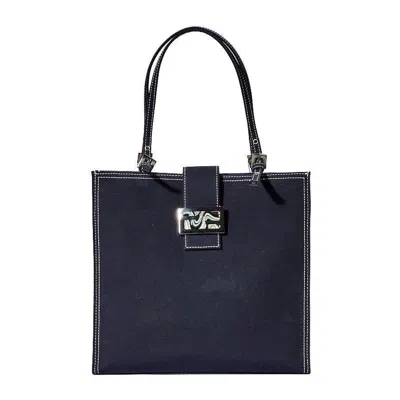 Pre-owned Fendi Tote Square Mm Denim Blu Borsa Spalla In Black