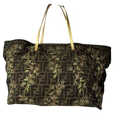 Pre-owned Fendi Tote Zucca Canvas With Golden Flower Embroidery In Black