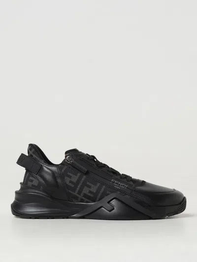 Fendi Men Leather Flow Sneakers With Ff Jacquard Fabric Inserts In Black