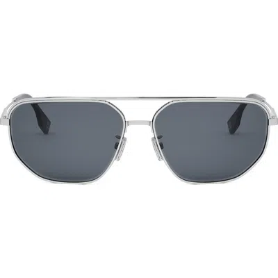 Fendi Travel 61mm Rectangular Sunglasses In Shiny Palladium/smoke