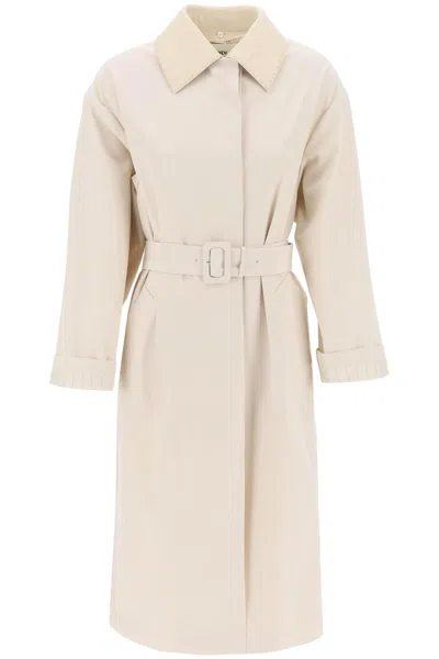 Fendi Trench Coat With Removable Leather Collar In Neutrals