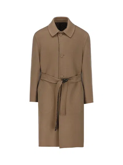 Fendi Trench Double Wool Logo In Brown