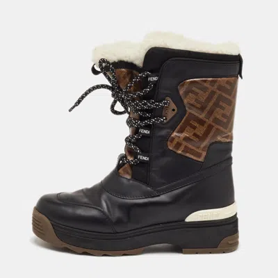 Pre-owned Fendi T-rex Size 38 Black/brown Zucca Coated Fabric And Leather Shearling Boots