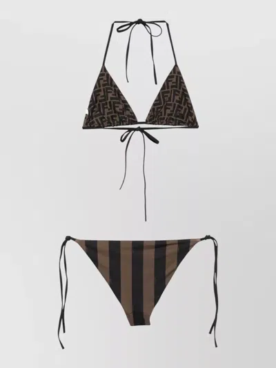 Fendi Triangle Bikini Striped Pattern Beachwear Set In Brown