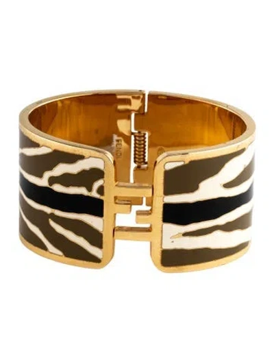 Pre-owned Fendi Tricolor Enamel Sta Wide Bangle, 6" In Black/brown/white