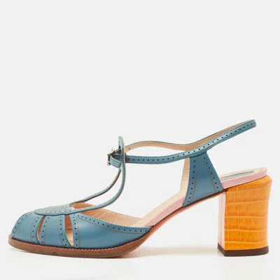 Pre-owned Fendi Tricolor Leather Chameleon T-strap Sandals Size 40 In Blue