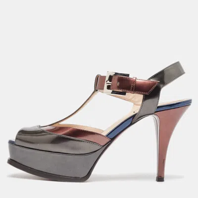 Pre-owned Fendi Tricolor Metallic Leather Platform T-bar Ankle Strap Sandals Size 39
