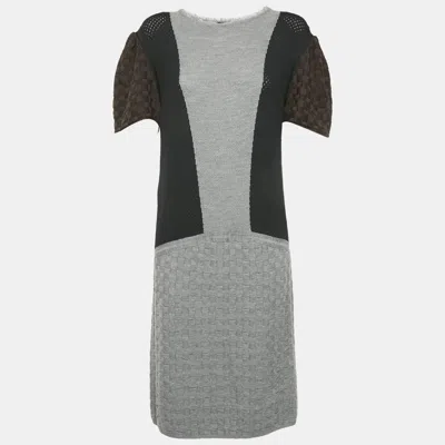 Pre-owned Fendi Tricolour Color Block Wool Knit Mini Dress L In Multi
