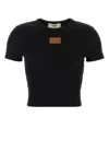Fendi Cotton Crewneck Logo Top With Ribbed Knit And Leather Patch In Black