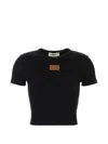 Fendi Cotton Crewneck Logo Top With Ribbed Knit And Leather Patch In Black
