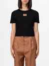 Fendi Cotton Crewneck Logo Top With Ribbed Knit And Leather Patch In Black