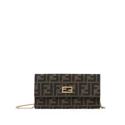 Fendi Tube Continental Logo Chain Wallet In Brown/black