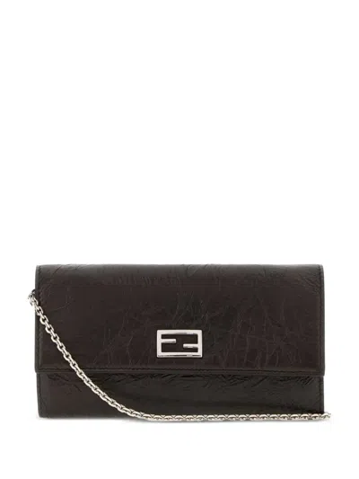 Fendi Tube Continental With Chain Black Cracked Leather Wallet