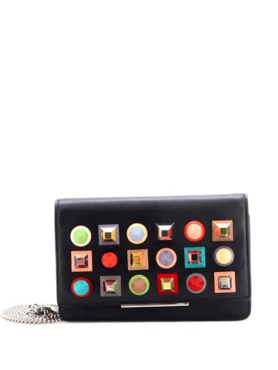 Pre-owned Fendi Tube Wallet On Chain Studded Leather Crossbody Bag In Black