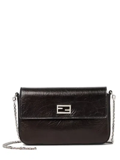 Fendi Tube Wallet With Chain, Front Flap And Metal Ff Baguette Logo 4 Card Slots W 19 X H 12 X D 3.5 In Nero