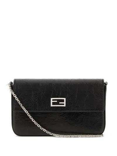 Fendi Compact Wallet On Chain In Cracked Black Leather