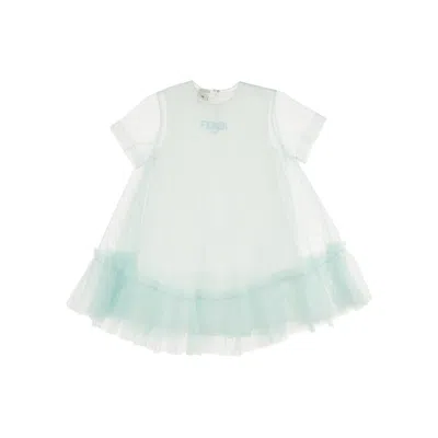 Fendi Tulle Mini Dress With Logo Embroidery Kids In Green