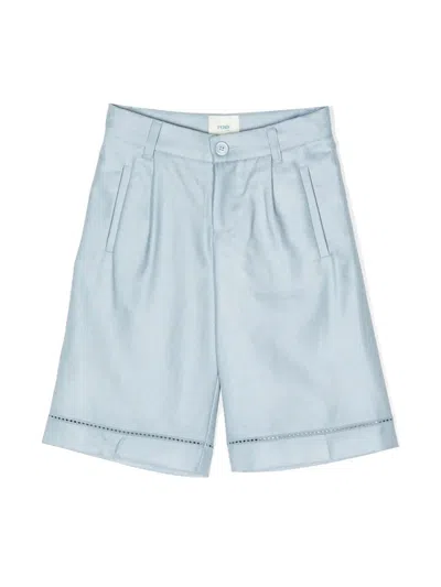 Fendi Kids' Turn-up Hem Silk-wool Shorts In Blue