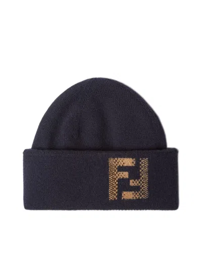 Fendi Turned-up Brim Hat With Beige Logo Intarsia In Blue